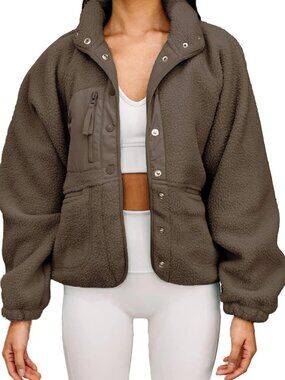 Medium Coffee Casual Lapel Long Sleeve Fleece Faux Fur Winter Coat